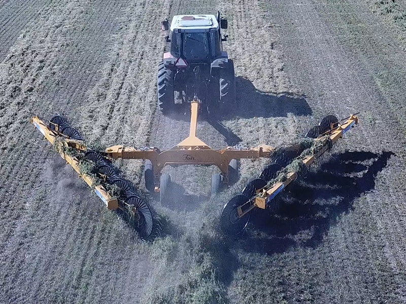 Merge 2 hay windrows into 1 with 60" wheels on the Fair Manufacturing Hay Rake